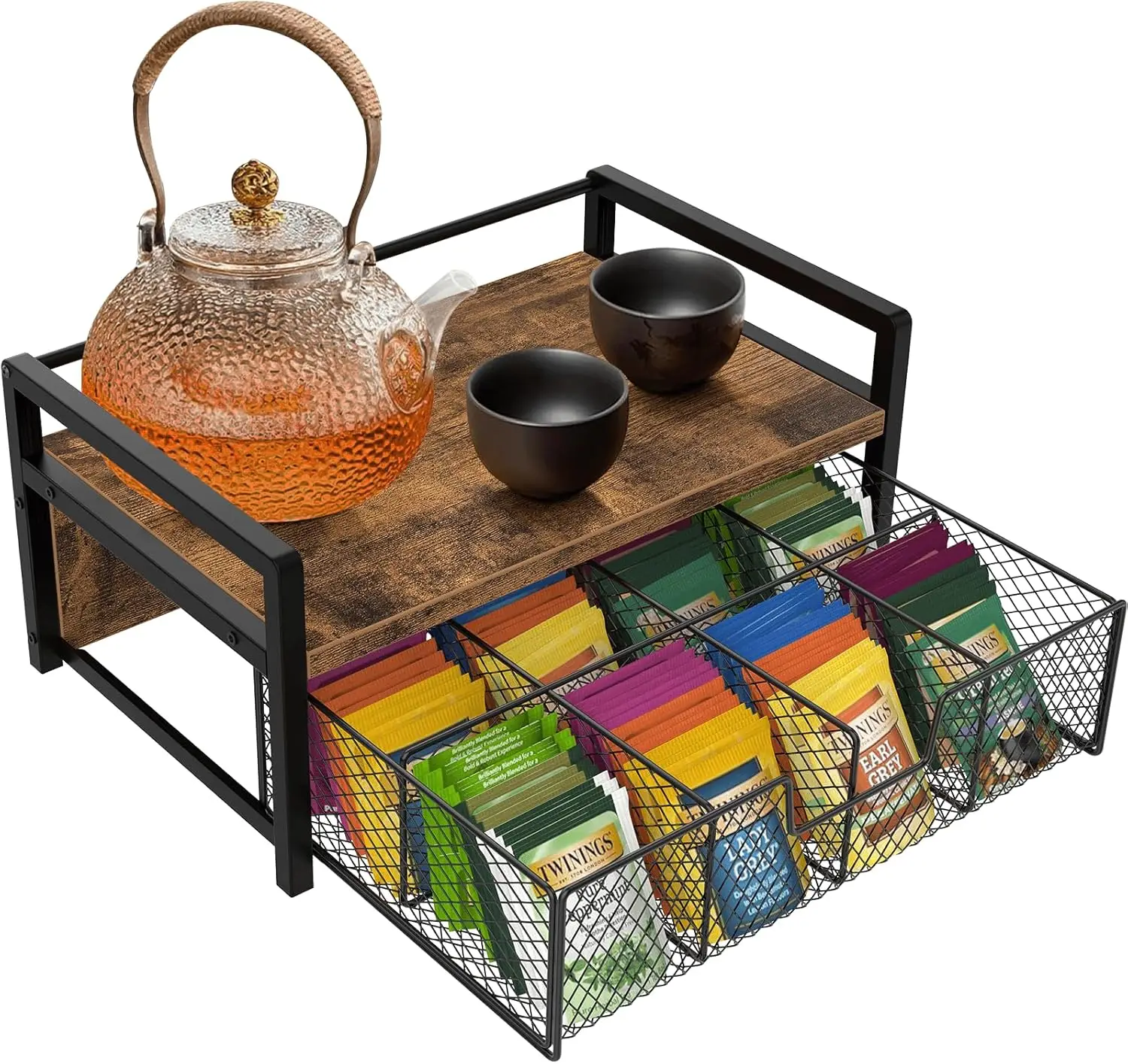 

Деревянный органайзер для чайных пакетиков с выдвижным ящиком для хранения, коричневый, в деревенском стиле, для кухонной столешницы