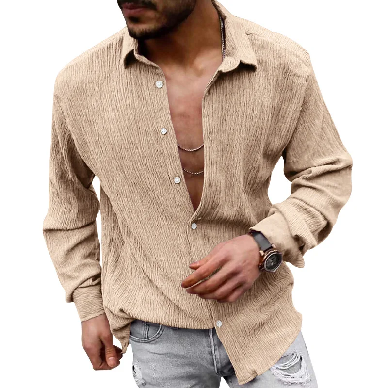 

Cotton Linen Khaki Shirts For Men Pleated Wrinkled Long Sleeve Men's Shirts Simple Breathable Trend Beach Casual Chemise Hombre