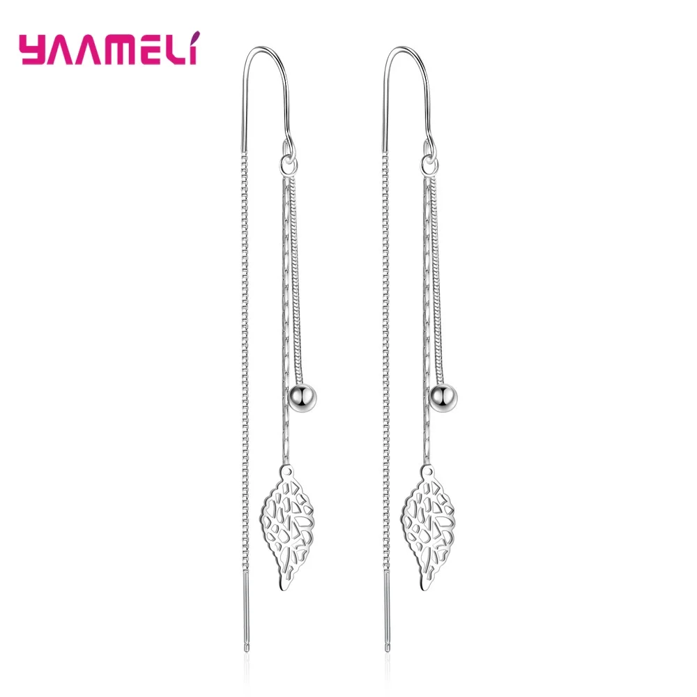 925 Sterling Silver Earrings Fashion Jewelry Simple Hollow Leaf Tassel Long Box Chain Thread Pendientes Ear Decoration Ornaments