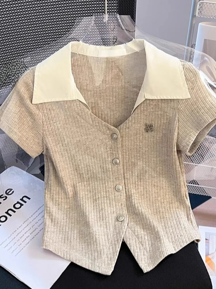 여름 신상 반팔 오픈 가디건 여성용 달콤하고 매운 소녀 허리 조임 스플릿 미니 길이 탑 컬러 블록 디자인