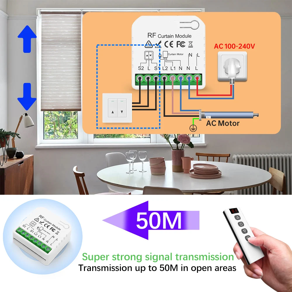 RF Curtain Switch Module 110V 220V 433MHz 5-in-1 Wireless Remote Control for Blind/Roller Shutter/Garage Door