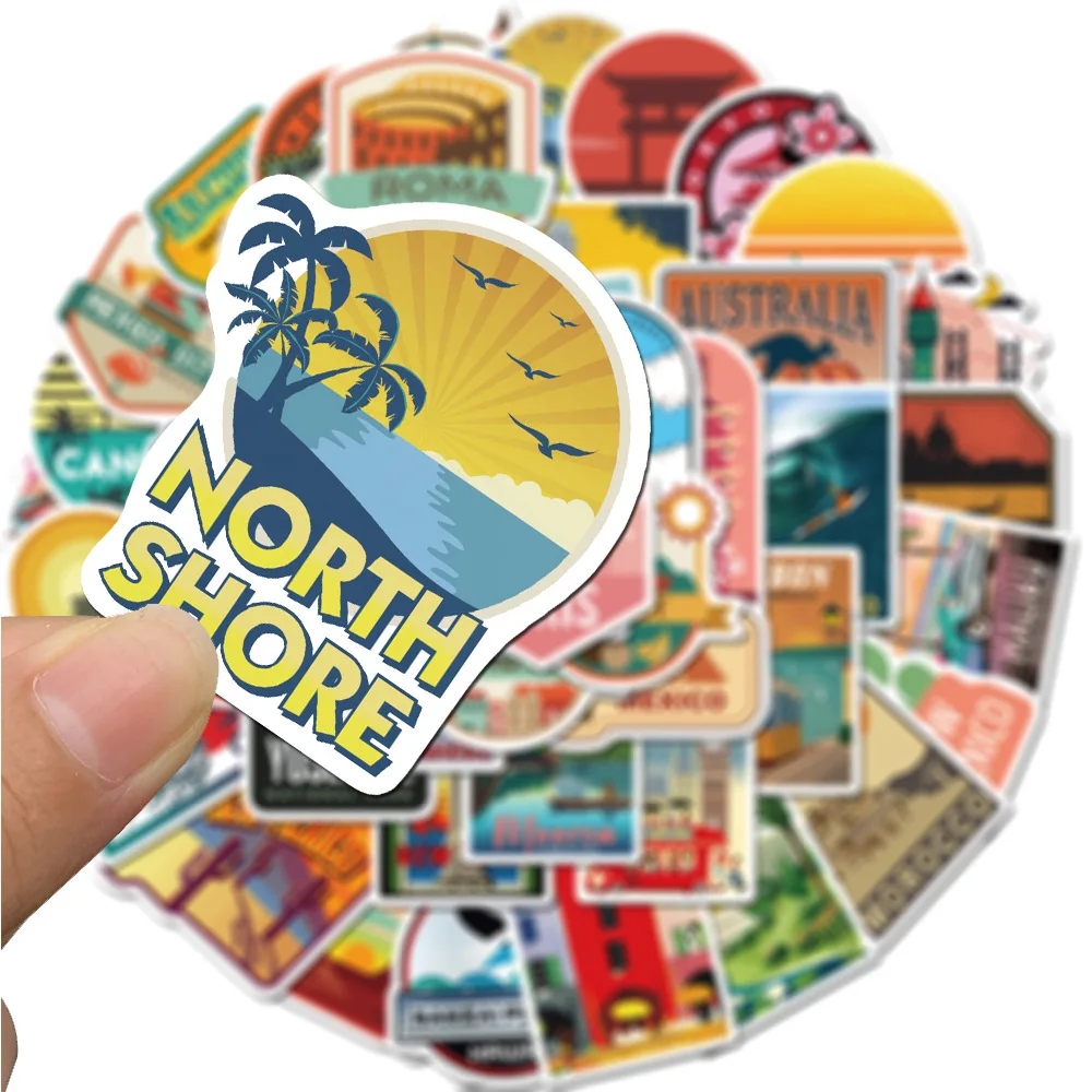 

50PCS Travel City Scenery Cartoon Graffiti Stickers Creative DIY Stationery Box Water Cup Scrapbook Luggage Guitar Notebook