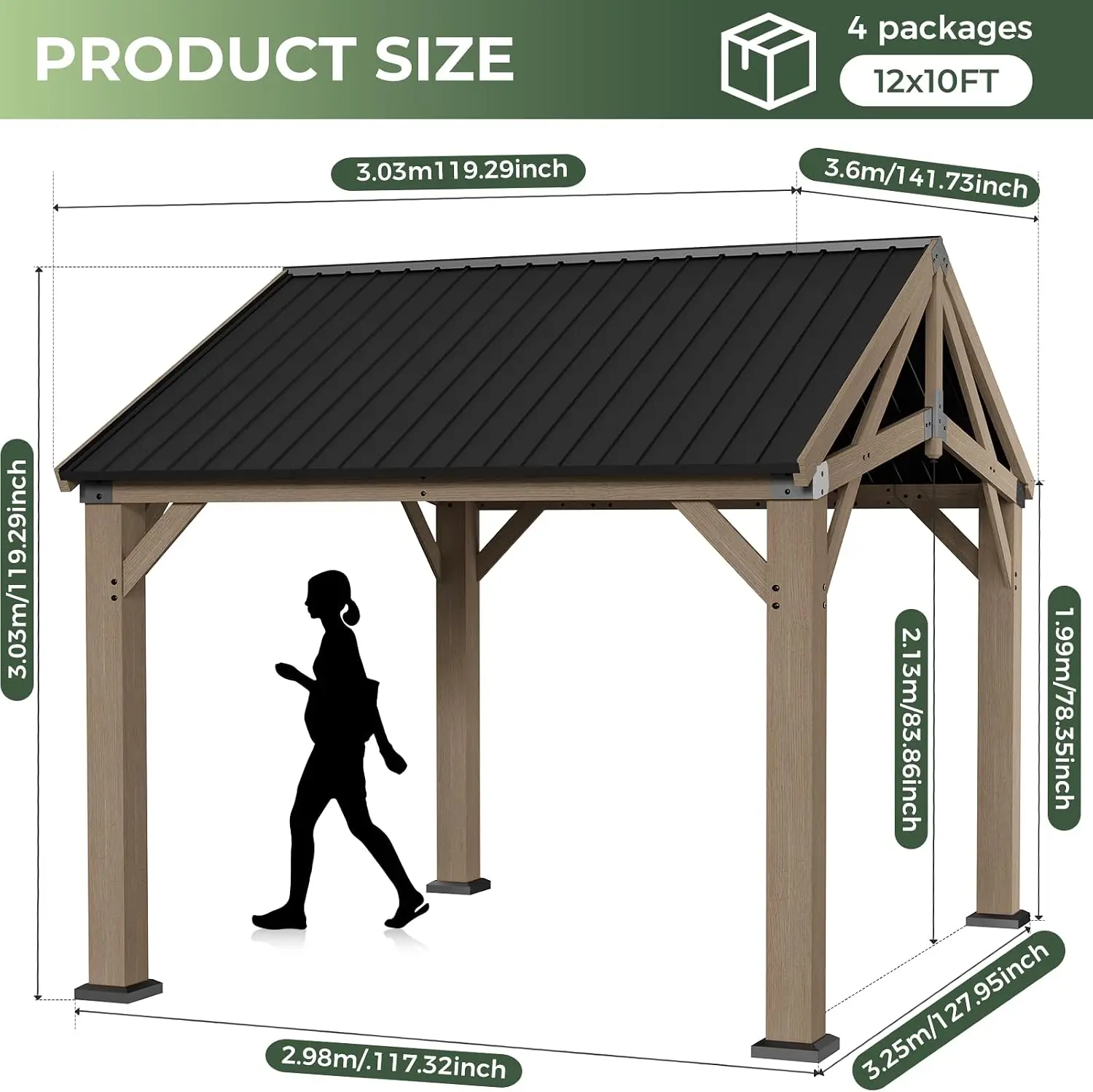 10x12 Hardtop Outdoor Gazebo with Cedar Wood Frame, Gable Roof Pavilion Featuring Sloped Metal Roof and Ceiling Hooks, Wooden Gazebo for Patio, Backyard, Deck, Garden, Poolside