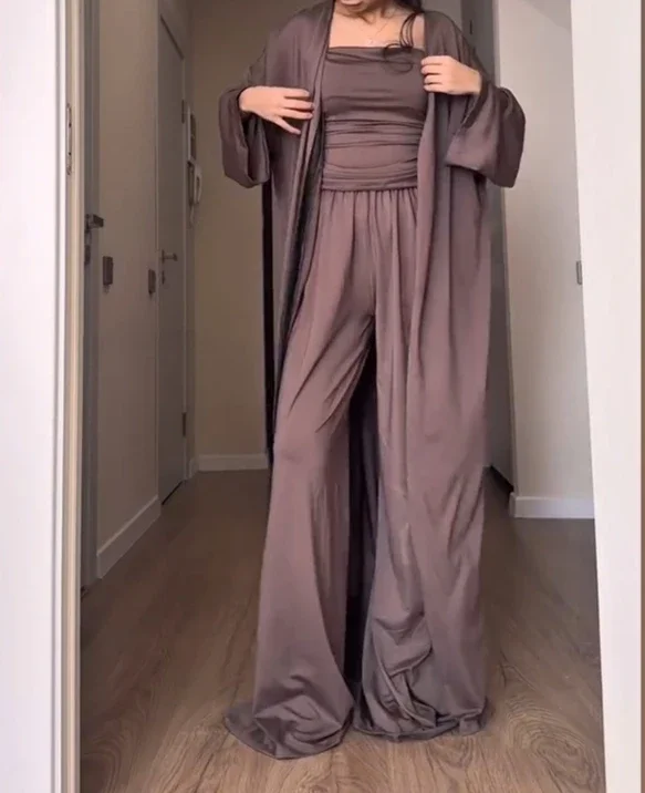 

Женская одежда, весна-лето 2023, новый стиль, темпераментный повседневный кардиган с длинными рукавами, камзол, широкие брюки, комплект из трех предметов