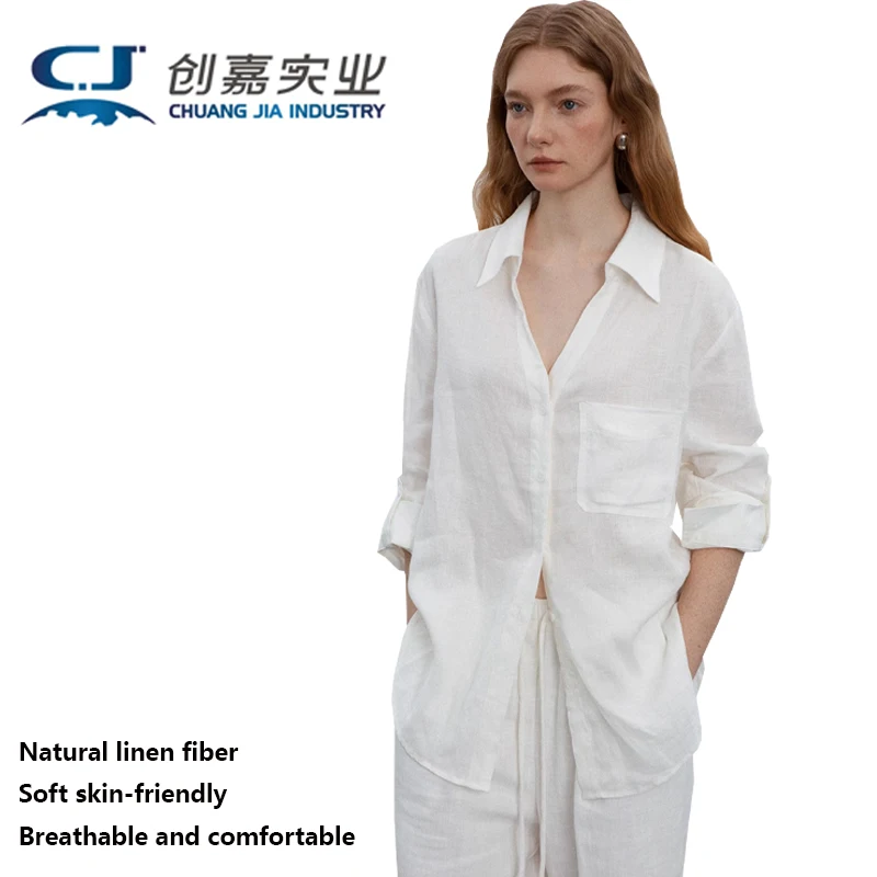 High-end 100% Linen Women's Long-sleeved Shirt White Temperament Simple Elegant Blouse Outdoor Casual Comfortable Breathable