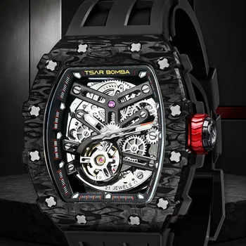 TSAR BOMBA TB8208CF Men's Tonneau Automatic Mechanical Skeleton Watch, Carbon Fiber Bezel, Sapphire Crystal, 50M Water Resistant