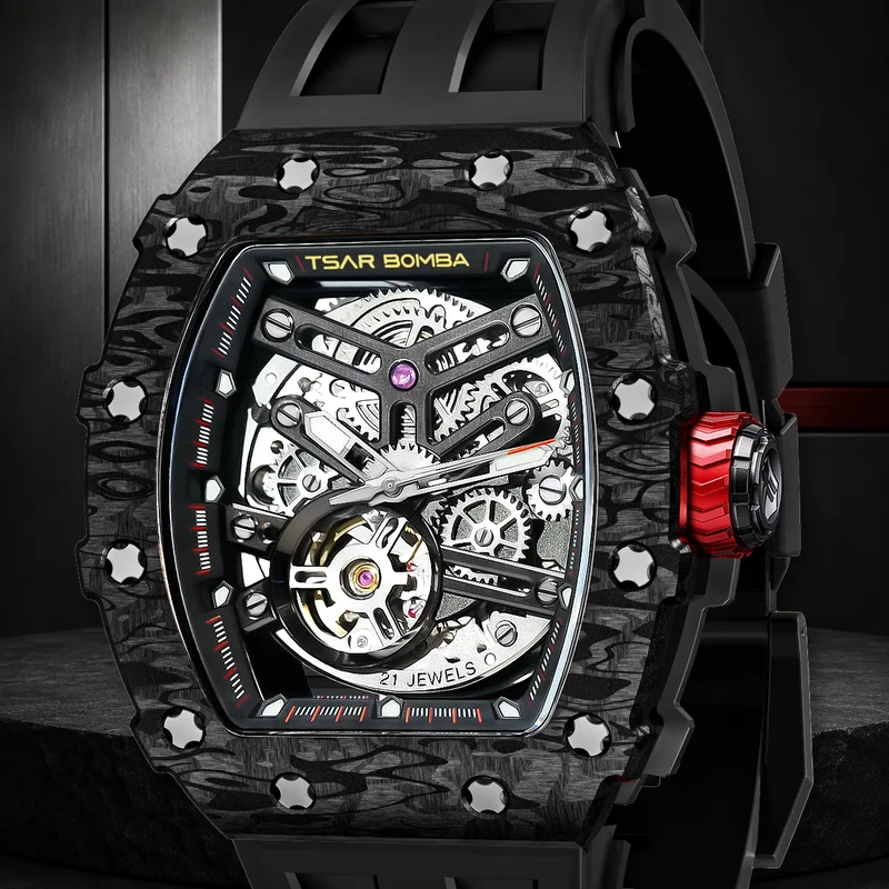TSAR BOMBA TB8208CF Men's Tonneau Automatic Mechanical Skeleton Watch, Carbon Fiber Bezel, Sapphire Crystal, 50M Water Resistant