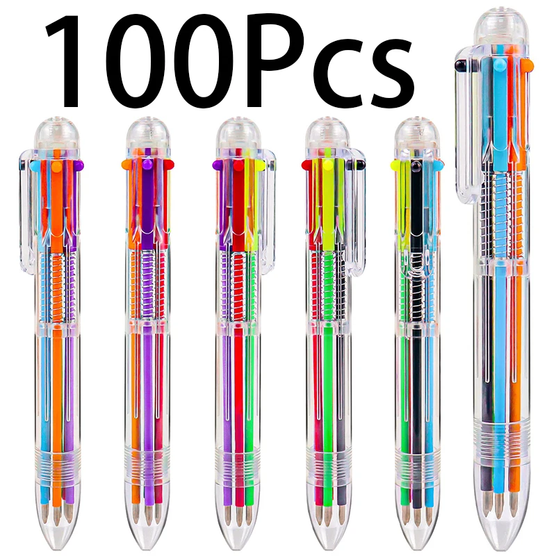 

100Pcs 6 in 1 Transparent Barrel Plastic Multicolor Pens Custom Retractable Ballpoint Pens for Office School Supplies