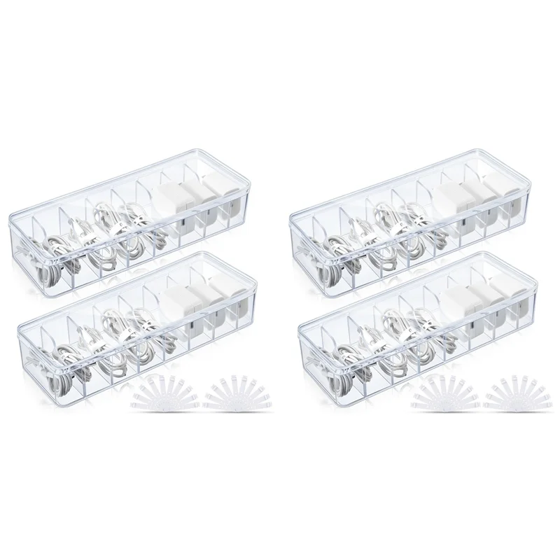 

N04R 4Pcs Cable Storage Box With Wire Ties, Clear Cord Storage Box Without Lid, Organizer For Home Office Desk Organizers