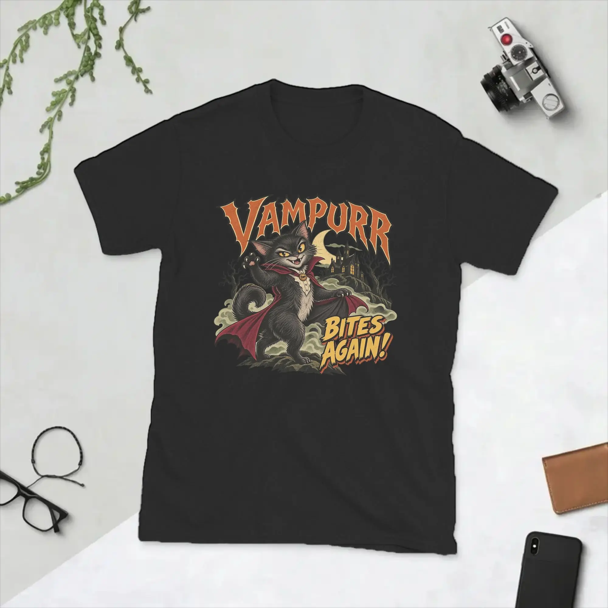 Vampurr Bites Again Halloween Vampire Cat Men T Shirt  Novelty Tees Short Sleeve Crewneck T-Shirts Cotton Classic Clothes