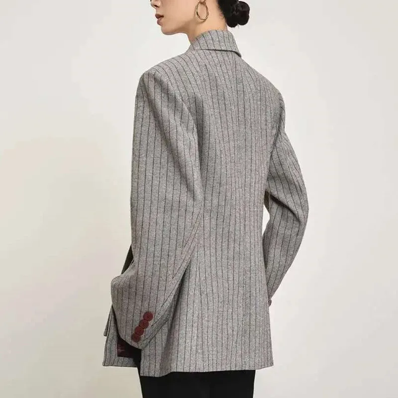 HKSH Blazer Voor Vrouwen Herfst Nieuwe Gestreepte Asymmetrische Ontwerp Notched Lange Mouw Taille Cinching Elegante Kantoor Dame Jas HK10855