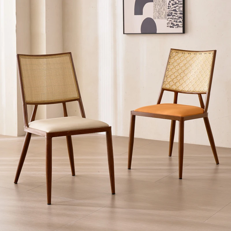 

Vintage Rattan Backrest Dining Chair with Iron Frame Comfort Leather Seat Restaurant Chair Modern Home Kitchen Living Room Chair