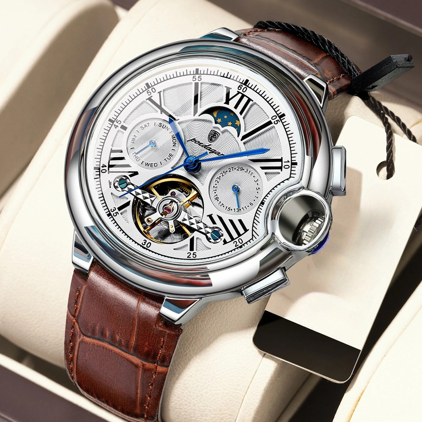 

Мужские модные автоматические механические часы 43 мм с турбийоном, фазами Луны и многофункциональным циферблатом