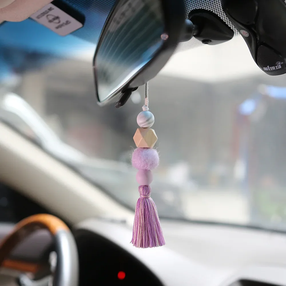 Car Aromatherapy Pendant Hanging Ornaments Wood Silicone Bead Felt Ball Perfume Diffuser Tassel Car Decoration Accessories