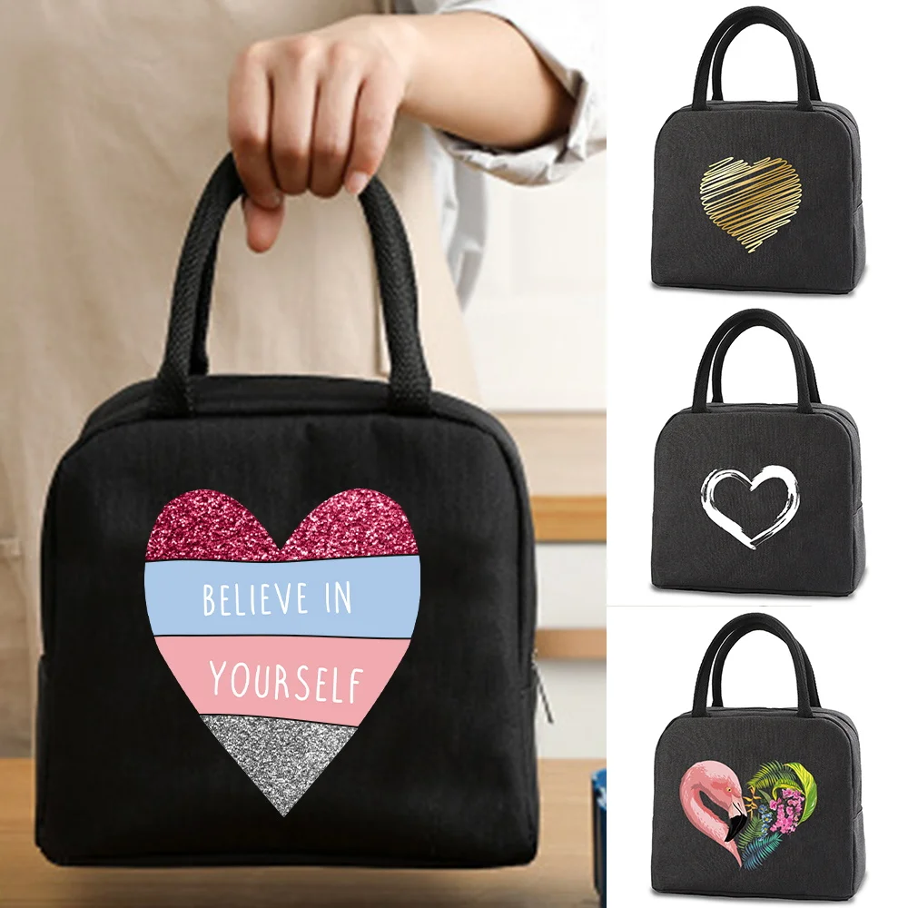 Bolsa de almuerzo portátil con aislamiento térmico, bolso de mano con estampado de amor, contenedor de comida escolar, bolso de almacenamiento