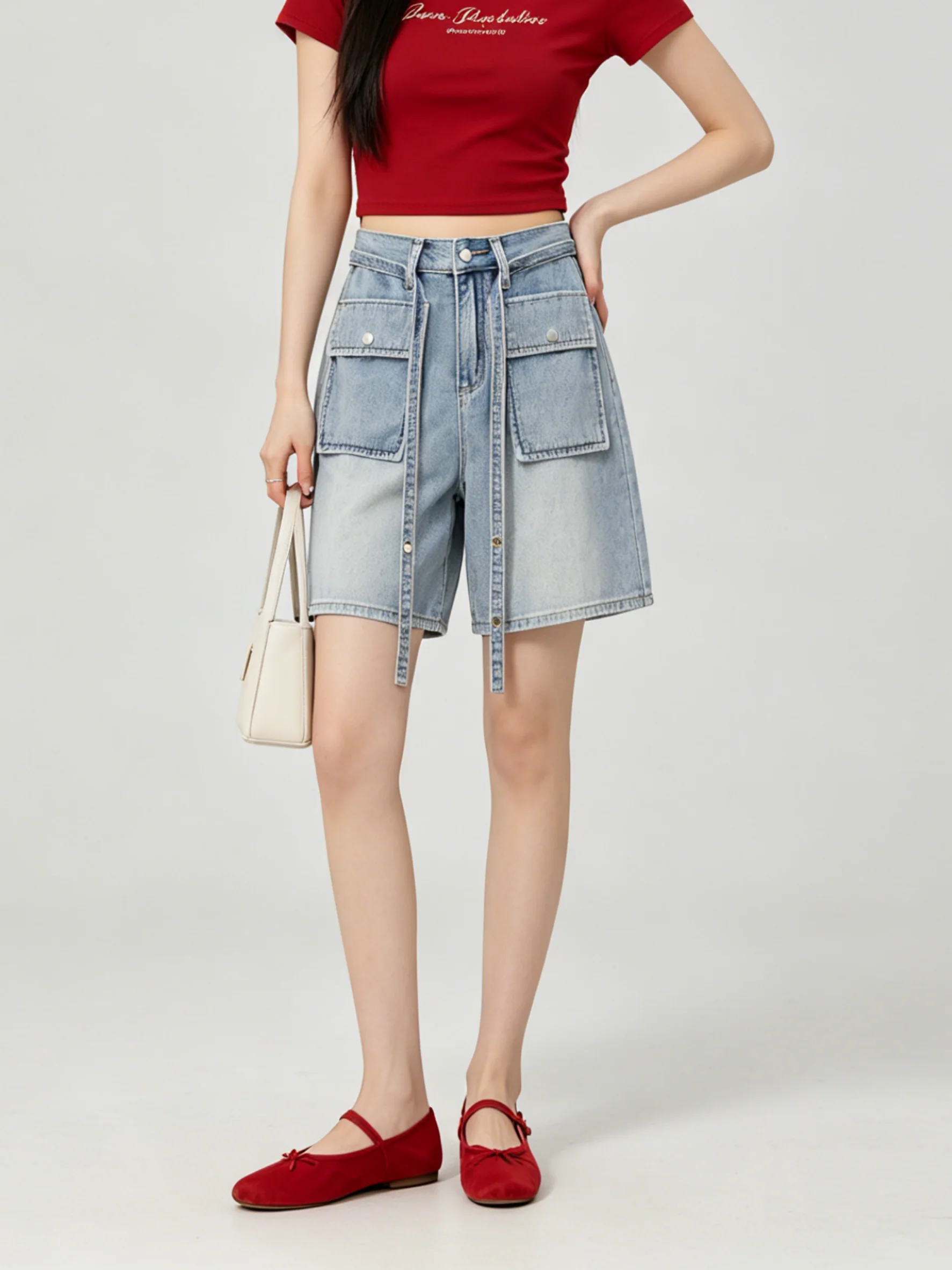 

Summer New Retro Workwear Denim Shorts Women High Waist Loose Wide Leg Casual Pants Korean Style Slimming Versatile Shorts
