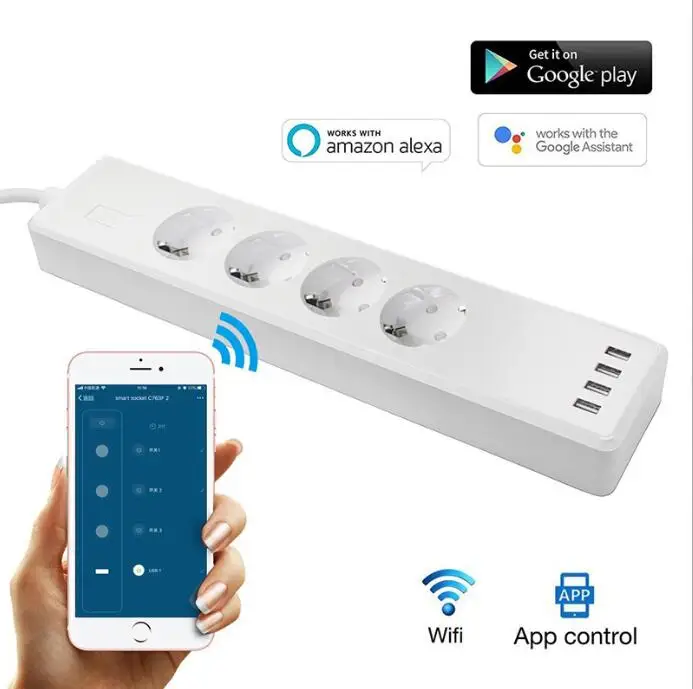 Tuya Smart WIFI Power Strip EU Standard With 4 Plug and 4 USB Port Compatible With Alexa echo and Google Nest