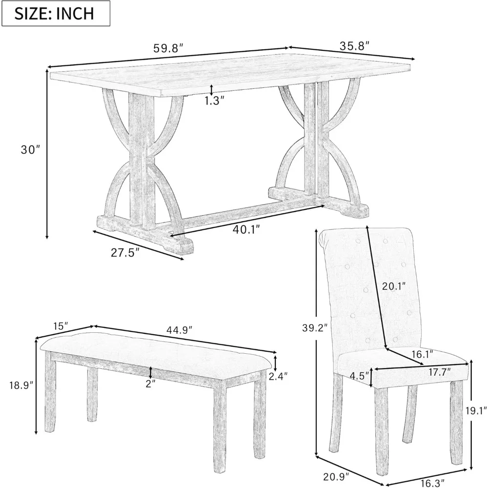 

Набор обеденных столов в стиле ретро из 6 предметов с скамейкой, деревянный прямоугольный стол с уникальными ножками, 4 мягкими стульями и
