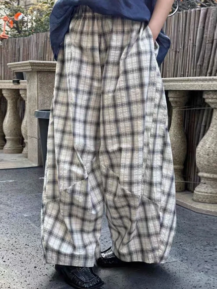 HOUZHOU Oversized Plaid Women Pants Vintage Casual Japanese Style Wide Leg Trousers Baggy Black Checked Lantern Pants White