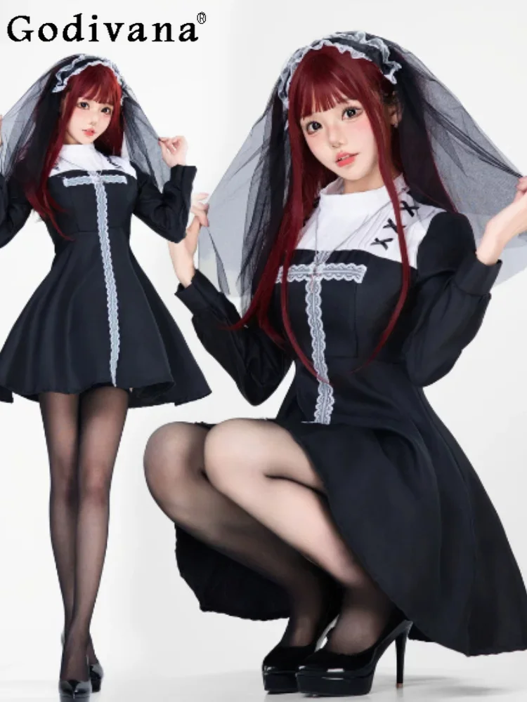 Halloween Personality Gothic Cosplay Long Sleeve Stand Collar Dress Fashion Versatile Age Reduction High Waist Party Dresses