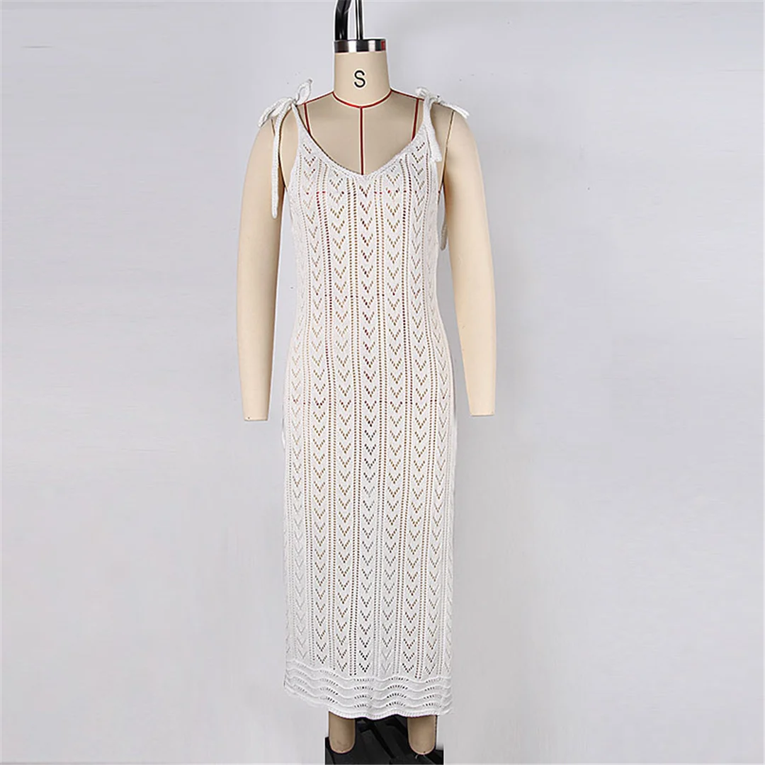 S - XL Ärmelloses, ausgeschnittenes, gehäkeltes, gestricktes Tunika-Strandkleid, Strandmode, Strandbekleidung, Strand-Cover-up, Cover-ups, Damen, V6811 – Detail 3