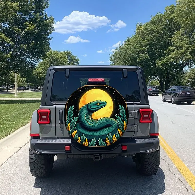 Moonlit Night Sky Snake Pattern Car Spare Tire Cover  HighPerformance Polyester, Durable & WearResistant Tire Cover For OffR
