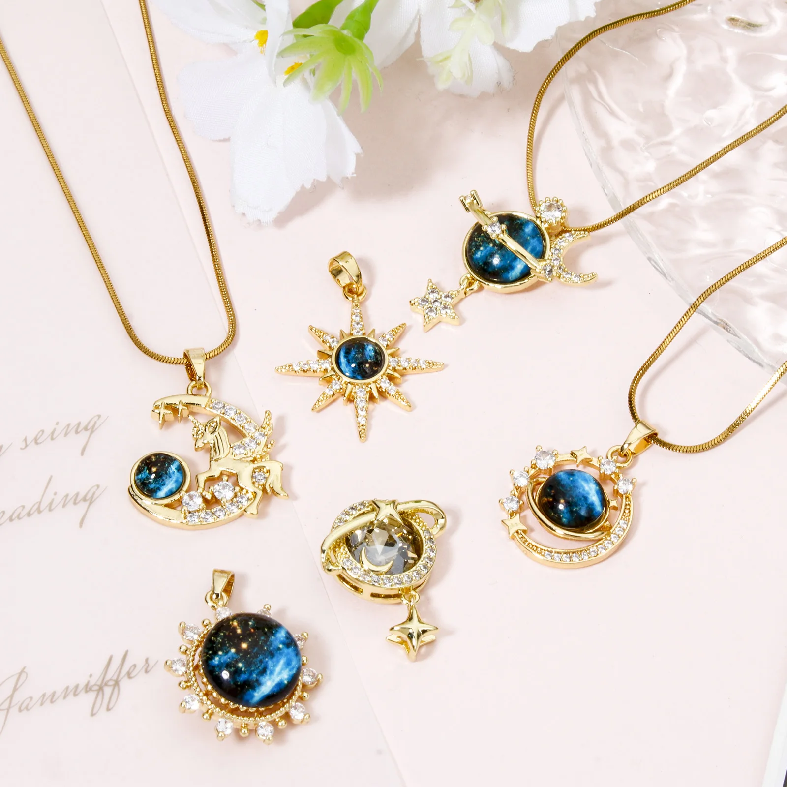 1pc Brass Charms Gold Color Galaxy Sun Moon Multicolor Glass Cabochons Pendant DIY Necklace For Women Party Jewelry Findings