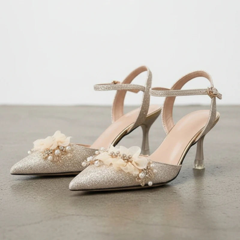 

Women's Champagne Glitter Wedding Shoes High Heels with Flower Pearl Decor Elegant Bridal Party Dress Pumps Slingback Heels