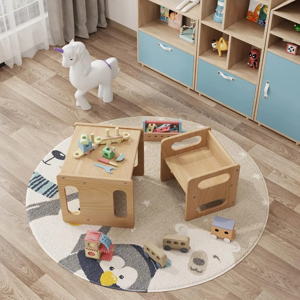 Table and Chair Set,Real Hardwood, Desk for Toddler Reading,Snack Time,Playroom,Activity Cube,Step Stool