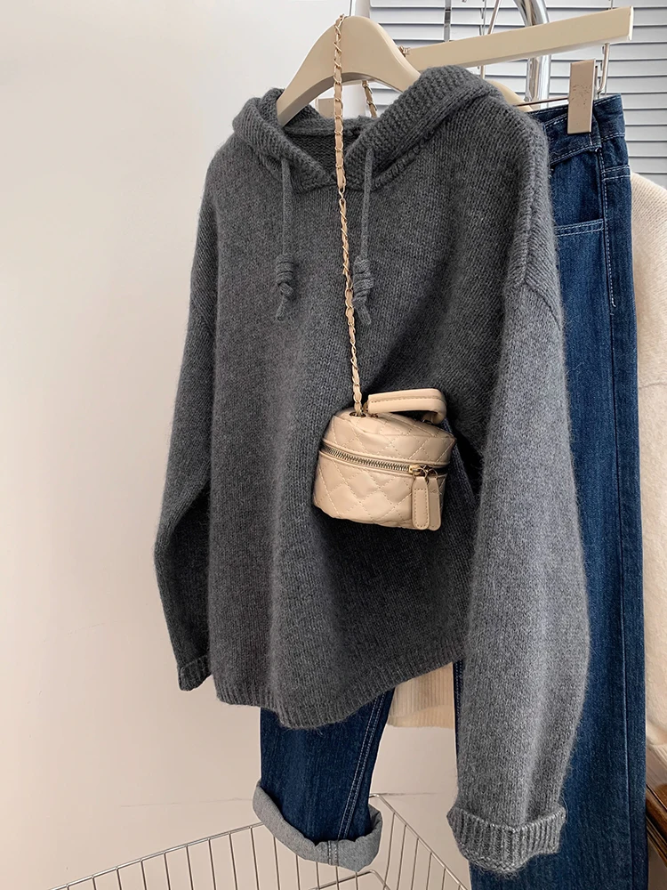 Women Sweater Autumn Winter Fashion Long Sleeve Tops Casual Loose Hooded Knitted Pullovers Korean Lazy Style Solid Color Sweater