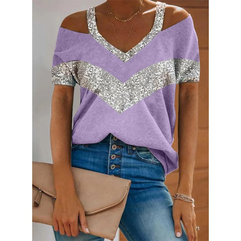 

V-neck Sequins Off Shoulder Short Sleeve Blouse Loose Women T-shirt Summer Fashion Cotton Casual Tee Ladies Home Tops