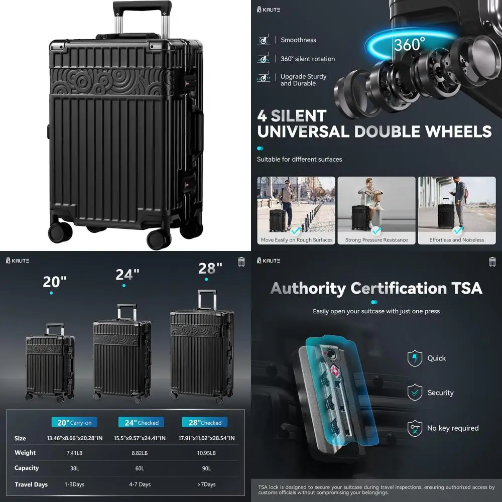 20인치 알루미늄 프레임 하드 쉘 지퍼 없는 캐리어, 바퀴 포함, TSA 잠금장치, PC+ABS 소재 여행용 가방