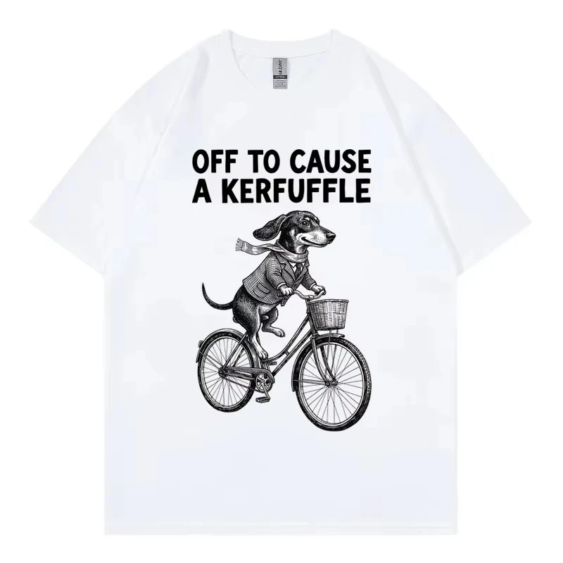 Off To Cause A Kerfuffle Dachshund Bicycle Chaos Funny Meme T Shirt Unisex Fashion Casual T-shirts Summer Loose Cotton T-shirt
