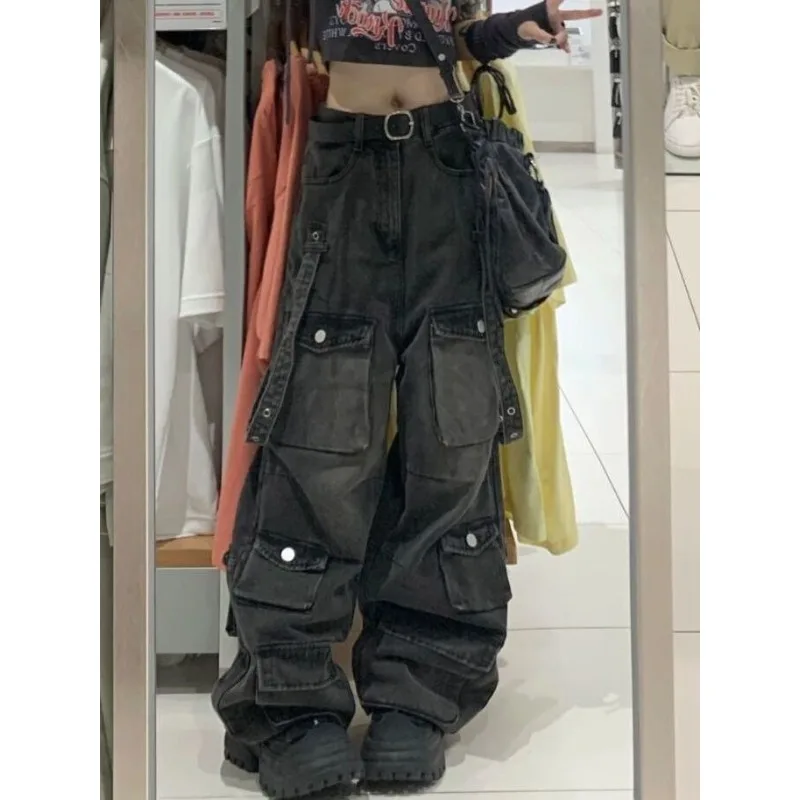 Punk Women Black Vintage Streetwear Pants Baggy Jeans Korean Pockets Straight Trousers Wide Leg Denim Oversize Clothes