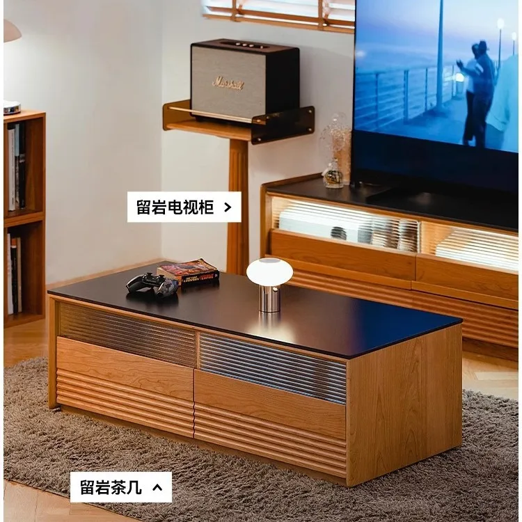 طاولة القهوة لغرفة المعيشة، أرضية من الخشب الصلب، طاولة شاي، خشب الكرز، بلاطة صخرية منزلية يابانية، طاولة شاي صغيرة مزدوجة الغرض #4