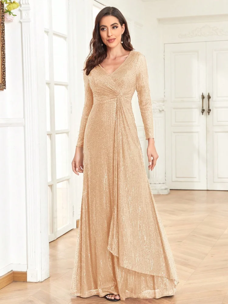 BLUEPLUM Luxury Gold Floor Length V-Neck Evening Dress Women Elegant Party Maxi Dress Sequin Long Sleeves Prom Cocktail Dress Go