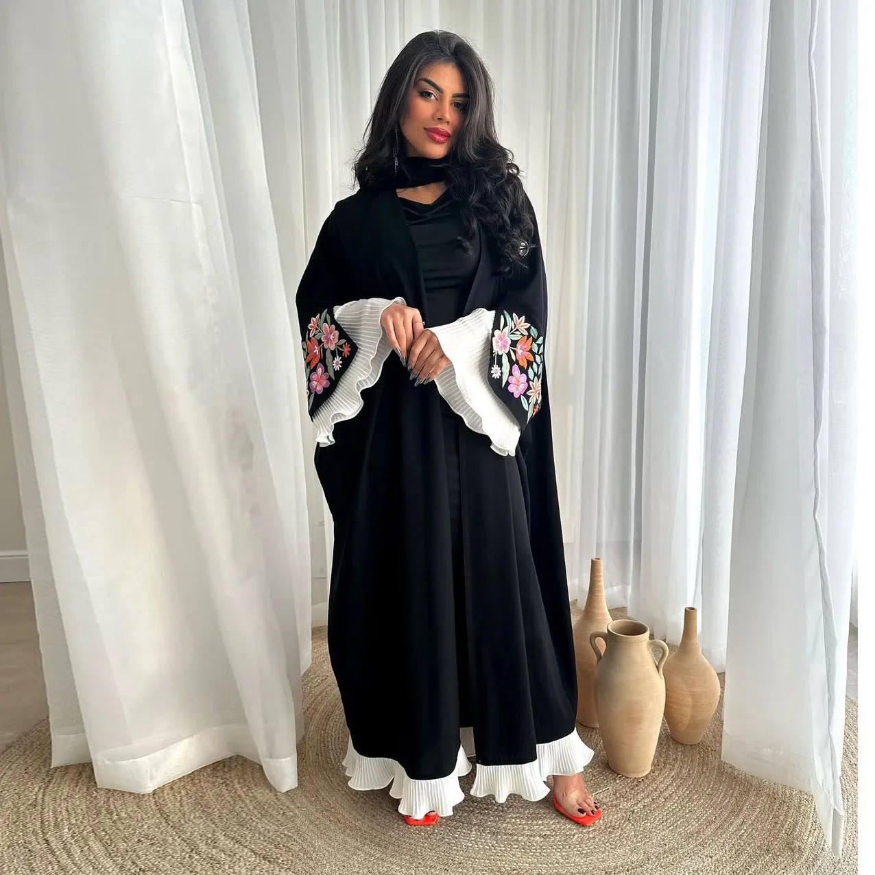 Summer Muslim Fashion Women Black Floral Embroidered Long Sleeve Open Stitch Elegant Casual Trendy Abaya Cardigans Female Coat