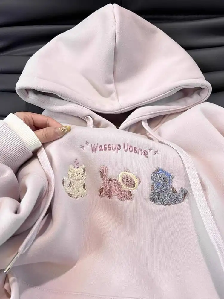 

Женская розовая толстовка больших размеров с вышивкой Fufu, свободного кроя, осенне-зимняя верхняя одежда, удобная, универсальная, с длинными рукавами