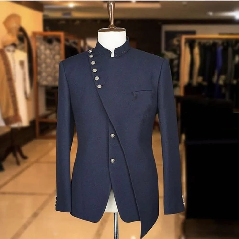 

Inregular Design Navy Blue Men Suits Wedding Grooms Tuxedos 2 Pieces Formal Male Set Slant Row of Buttons Blazer(Jacket+Pants)