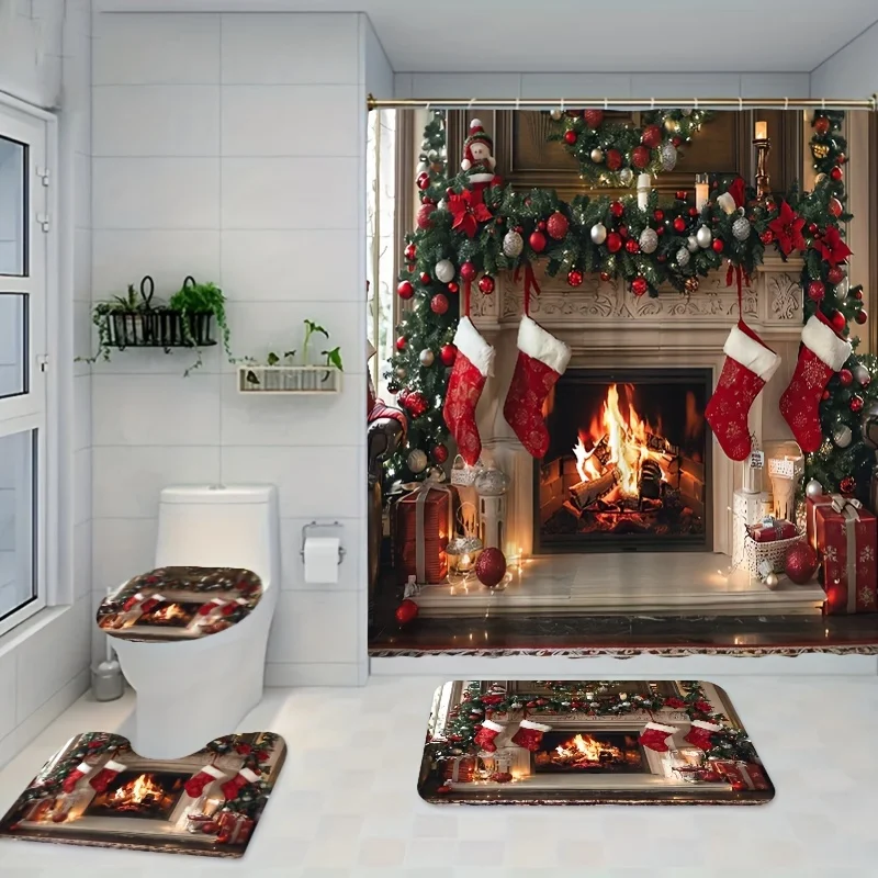 Christmas Fireplace Stockings Bathroom Set - 1PC/3PCS/4PCS, Machine Washable, Fade Resistant Polyester Bath Ensemble with Free H