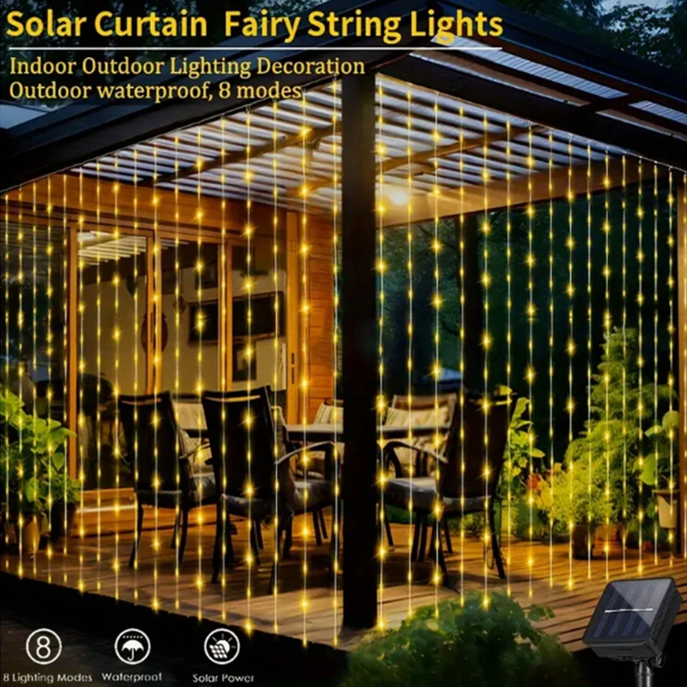300Leds Solar Curtain Light Outdoor Fairy Garland String Lights 8 Modes Wedding Party Garden Decor Christmas Holiday Lighting image 3