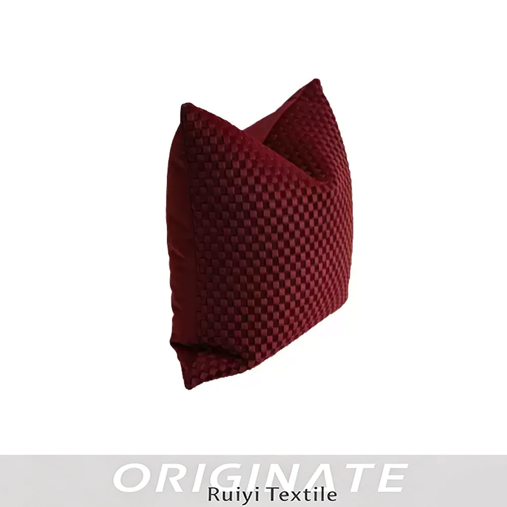 RUIYI Burgundy Woven Velvet Cushion Cases Grid Textured Square Throw Pillow Covers Retro Luxury Decorative Pillowcase 45 x 45 CM