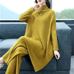 Women's Elastic Waist Pant Sets Loose Knit Suit Fashion 2023 New Autumn And Winter High Collar Sweater Two-Piece Set Irregular