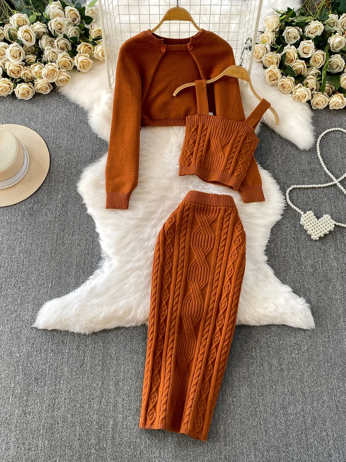 

Ele Вязаное шило, пальто, жилет с ремешком, длинная юбка Thiened, комплект из футболки, корейский драматический ансамбль, главный персонаж Faion