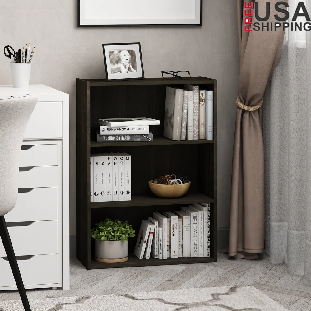 

3-Tier Open Shelf Bookcase Dark Espresso Medium Density Composite Wood Indoor Storage Durable Eco-Friendly Assembly Required