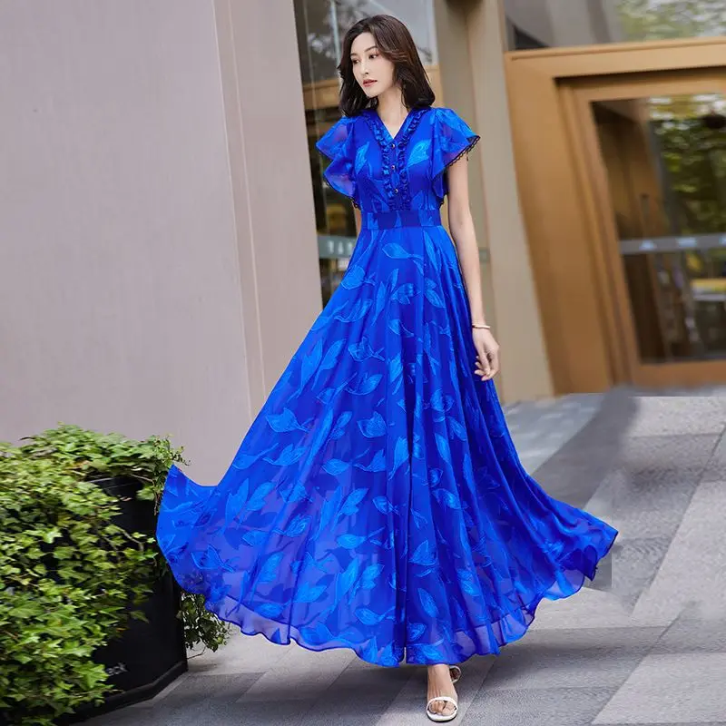 

French Chiffon Dress Women Summer V-Neck Short Sleeve Ankle-Length Bohemian Beach Style Big Swing Long Dresses Vestidos 2024 New