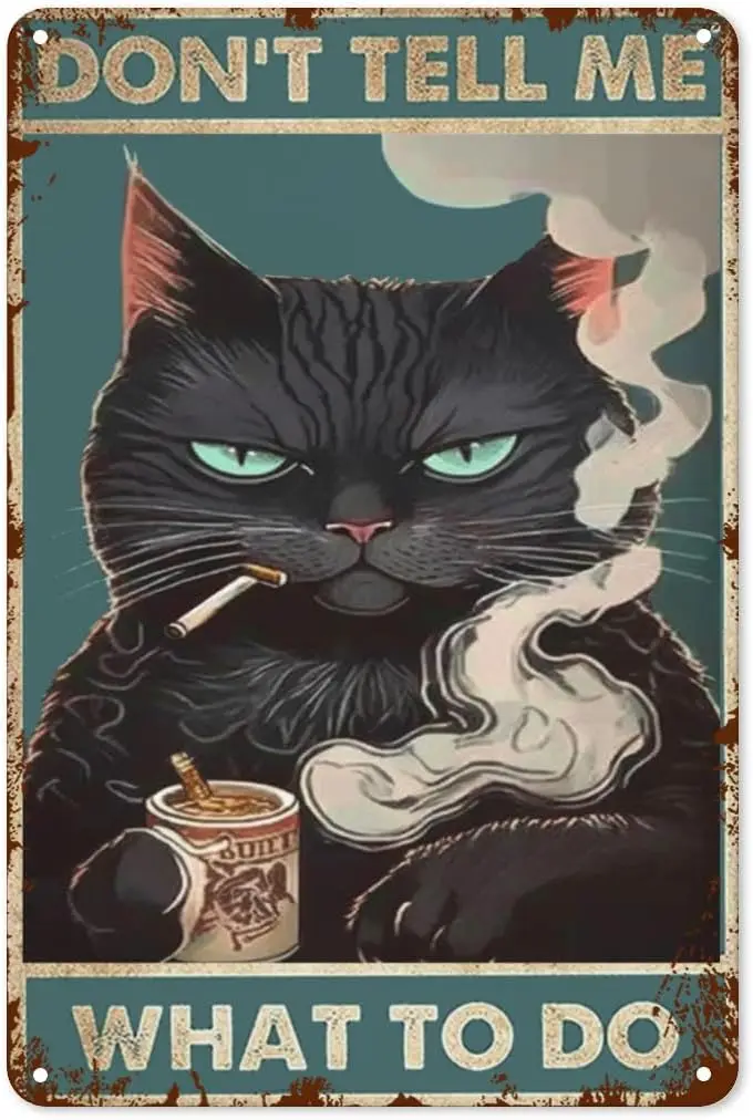 Funny Black Cat Smoking 2 Retro Metal Pin Up, Vintage Tin Sign Iron Sign Wall Art Plaque for Garage Bar Caffe Pub Coffee Home De