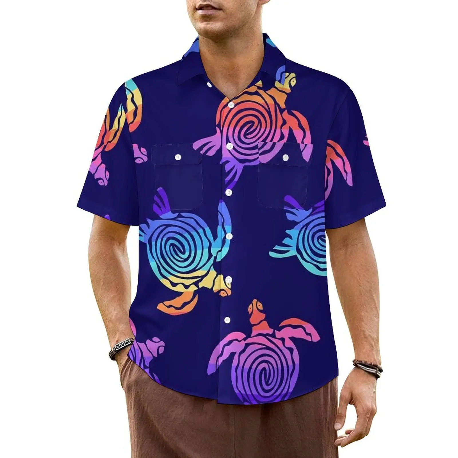 Colorful Sea Turtle Beach Shirt Man Abstract Animal Classic Casual Shirts Summer Short Sleeve Streetwear Plus Size 5XL Blouses