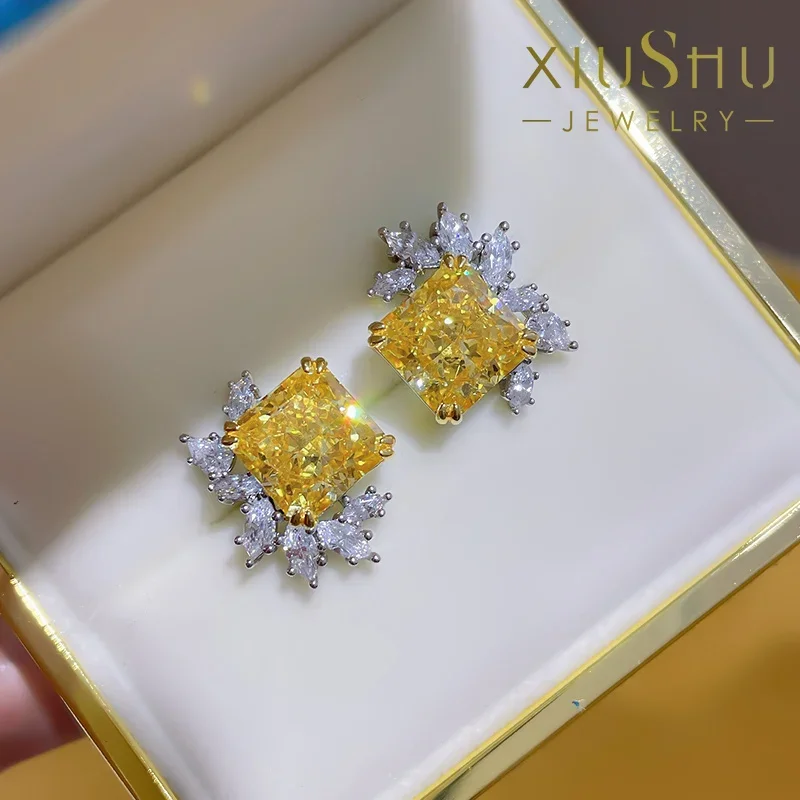 Desire Highlighting Jewelry Yellow Diamond Earrings Explosion Flash Imported High Carbon  Silver Anti Allergy