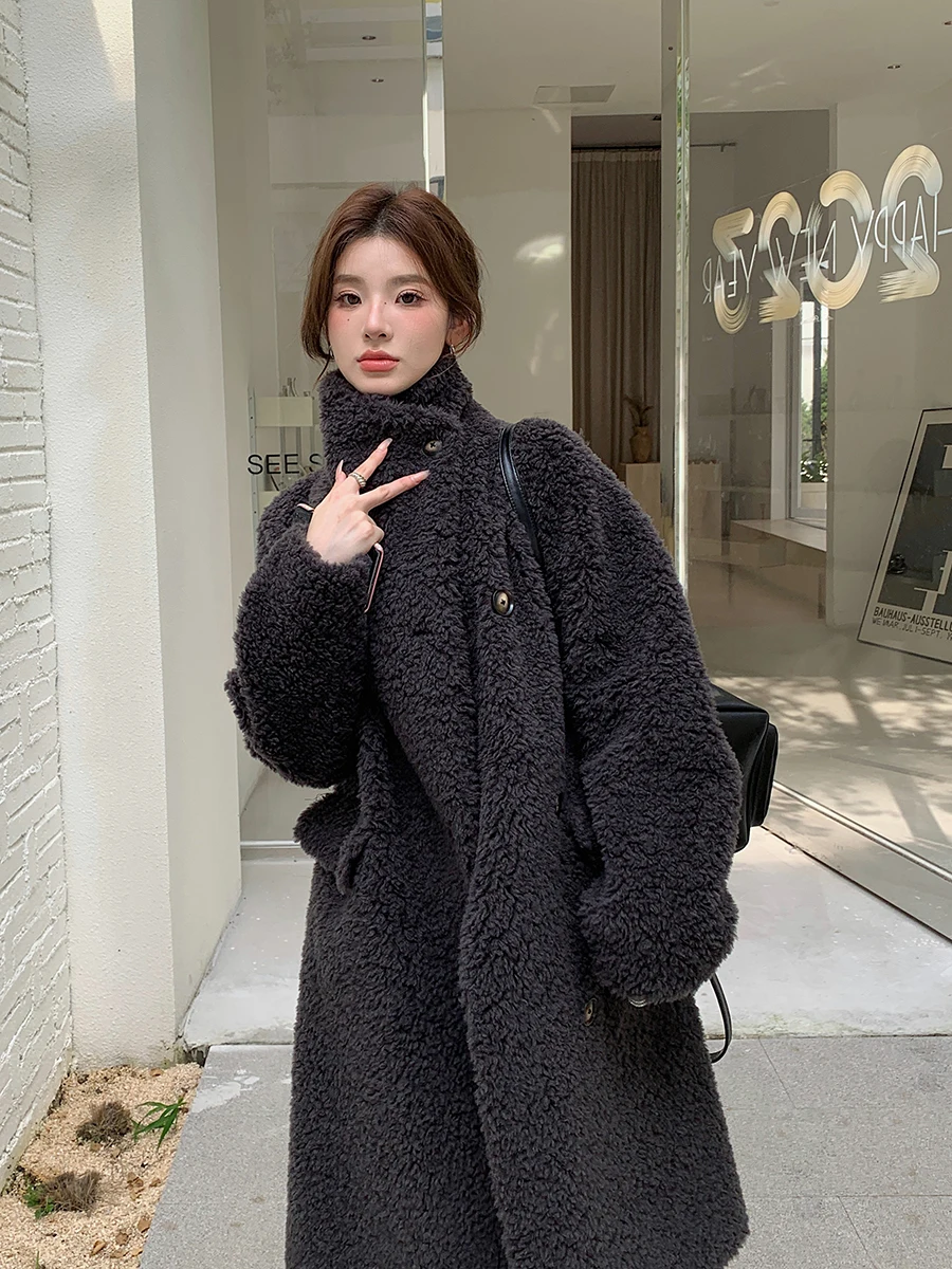 

Ladies' Long Loose Woolen eepskin Coat Fur Jaet Wed Casual Outerwear Korean Sle Stand Fit Winter Coat